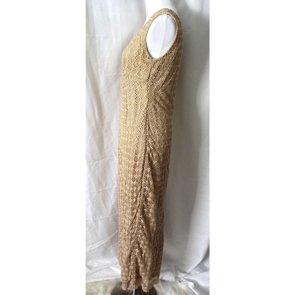 Vintage Handmade Crochet Floral Lace Midi Dress Champagne Beige Large - Picture 2 of 6